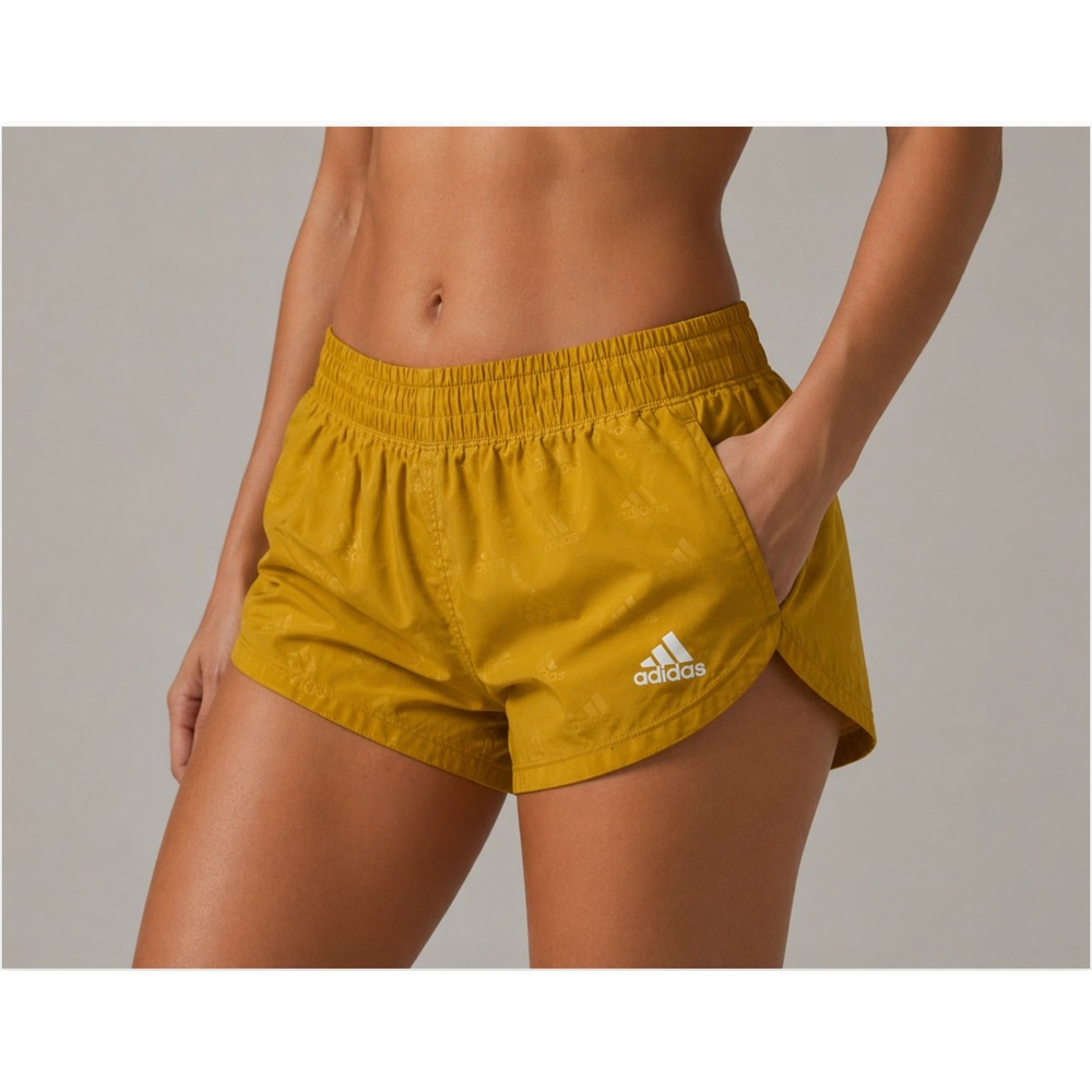 Adidas Running Shorts Womens XS 4-6 Yellow‎ AeroReady Embossed Logo Activewear